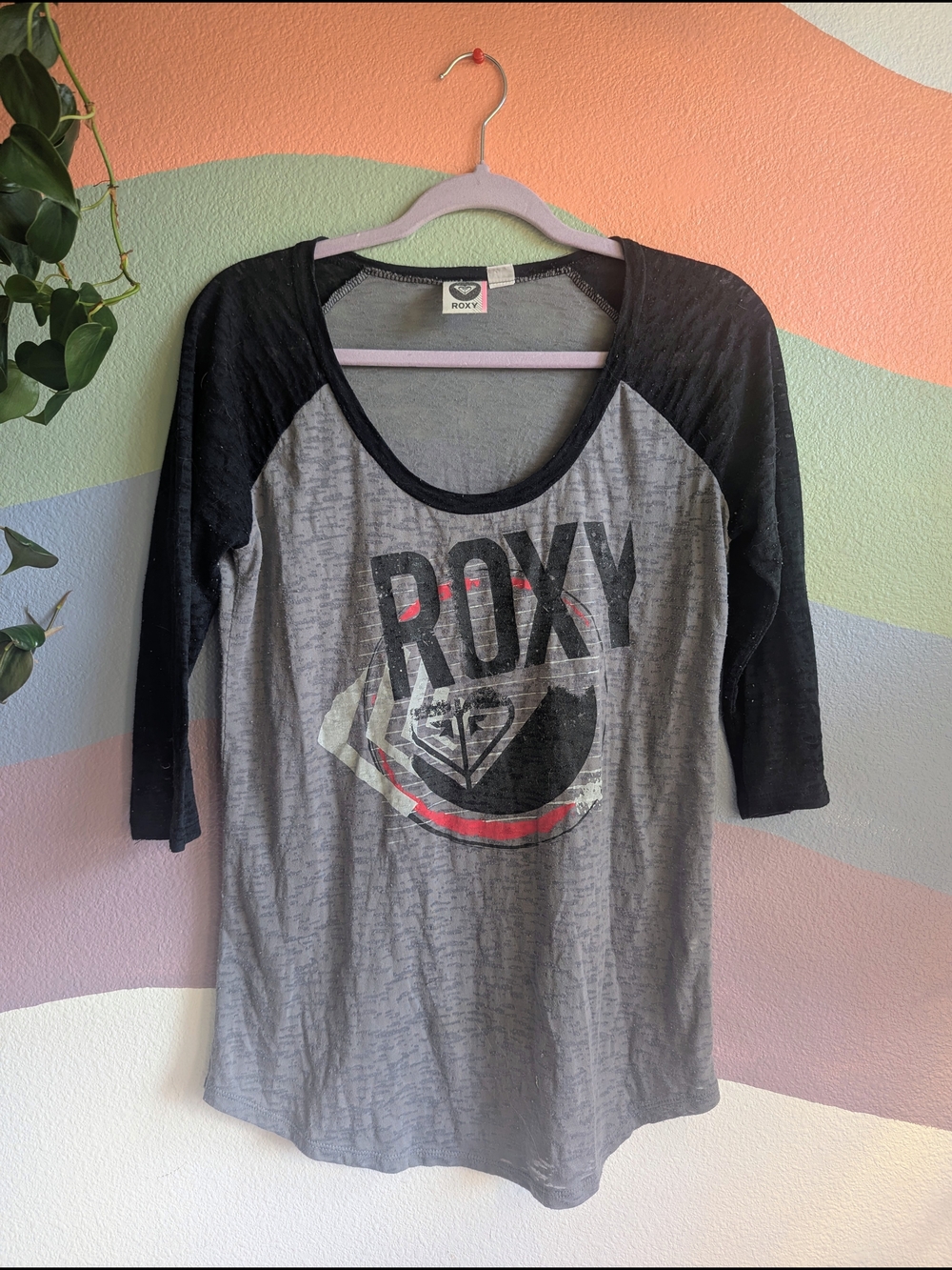 Roxy Gray and Black Raglan Tee with Graphic Logo
